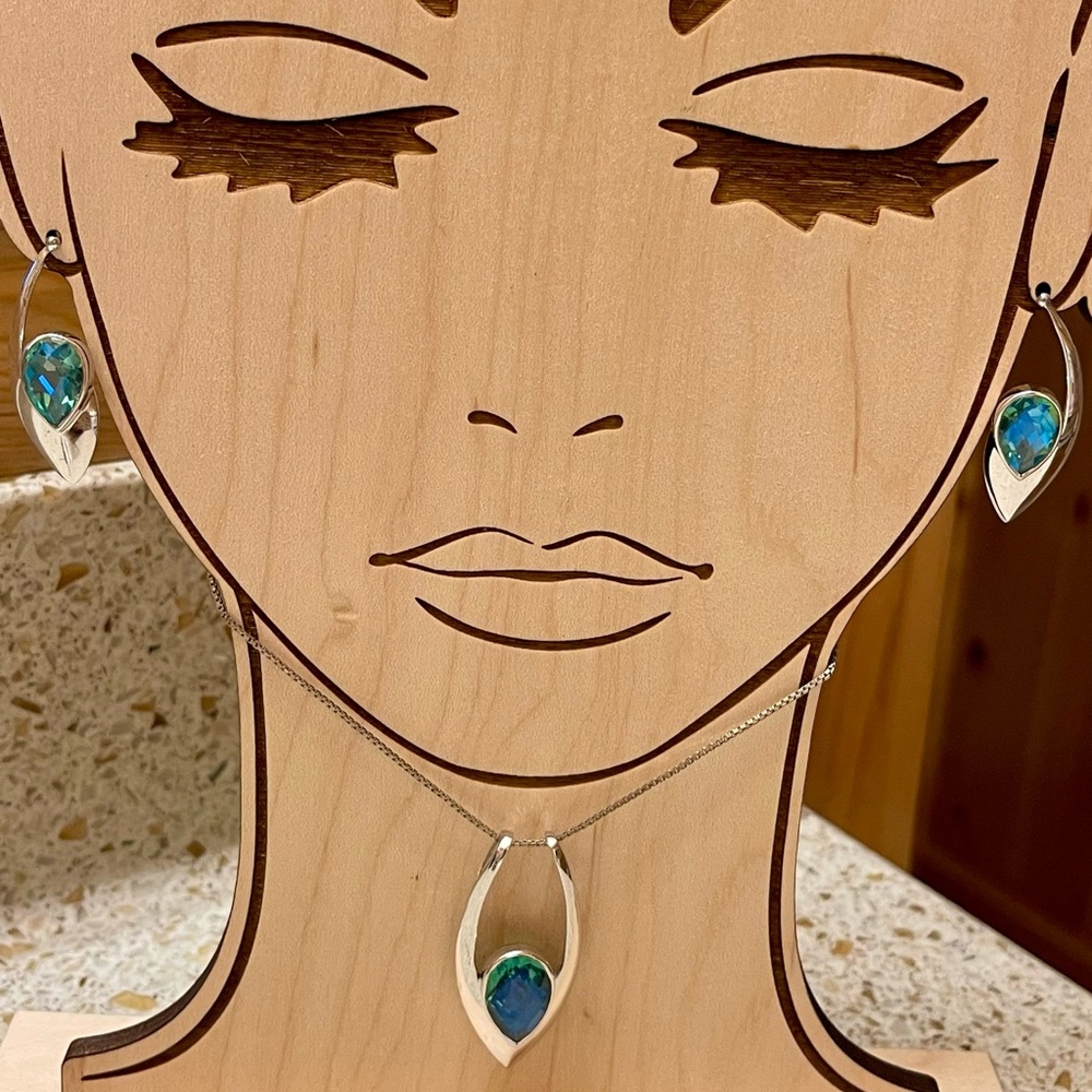 Stunning! Caribbean Blue Green Quartz Pendant & Earrings Set Sterling Silver - Picture 5 of 14